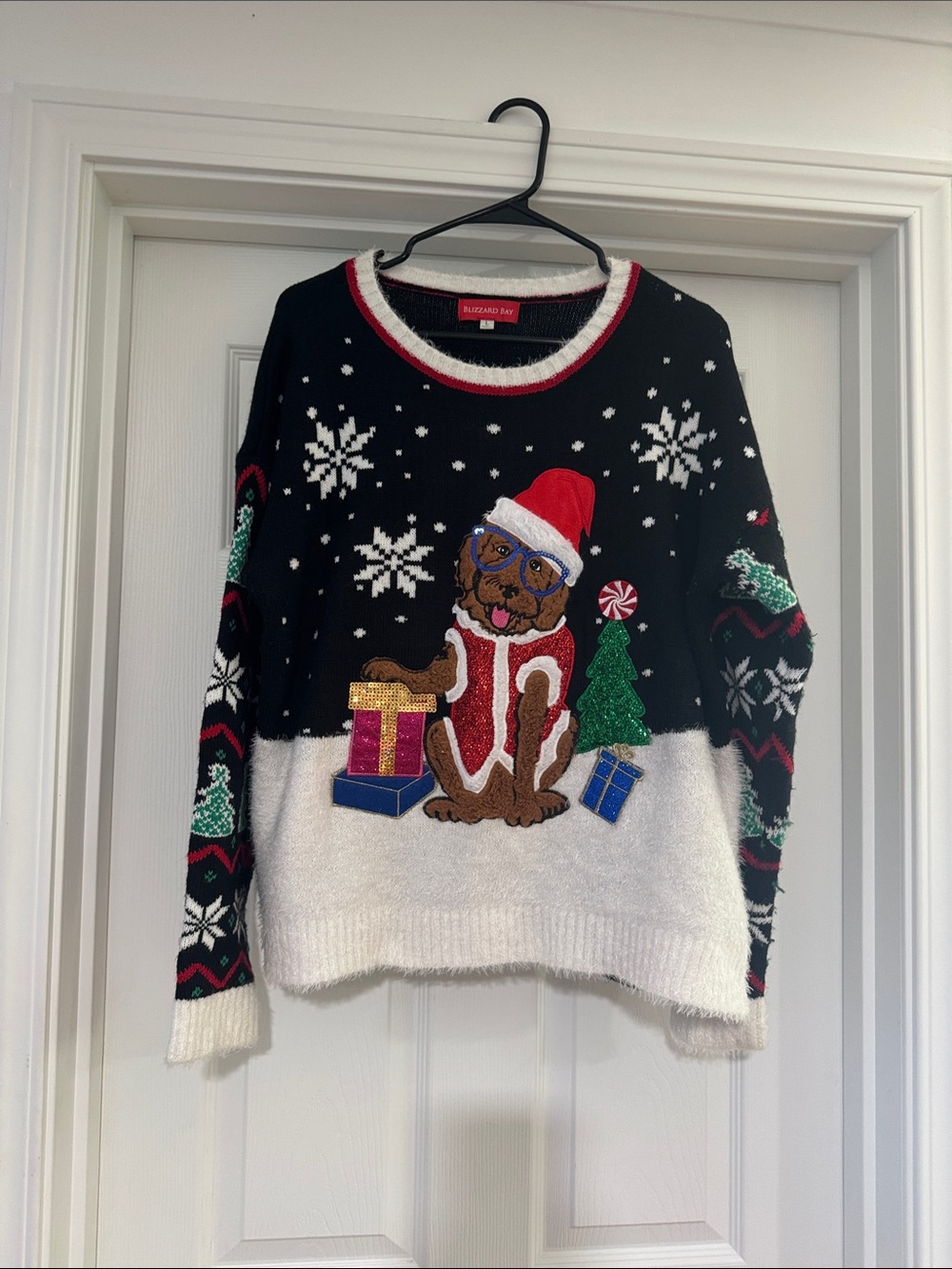 Black & White Holiday Dog Sweater with Red Accents - Women